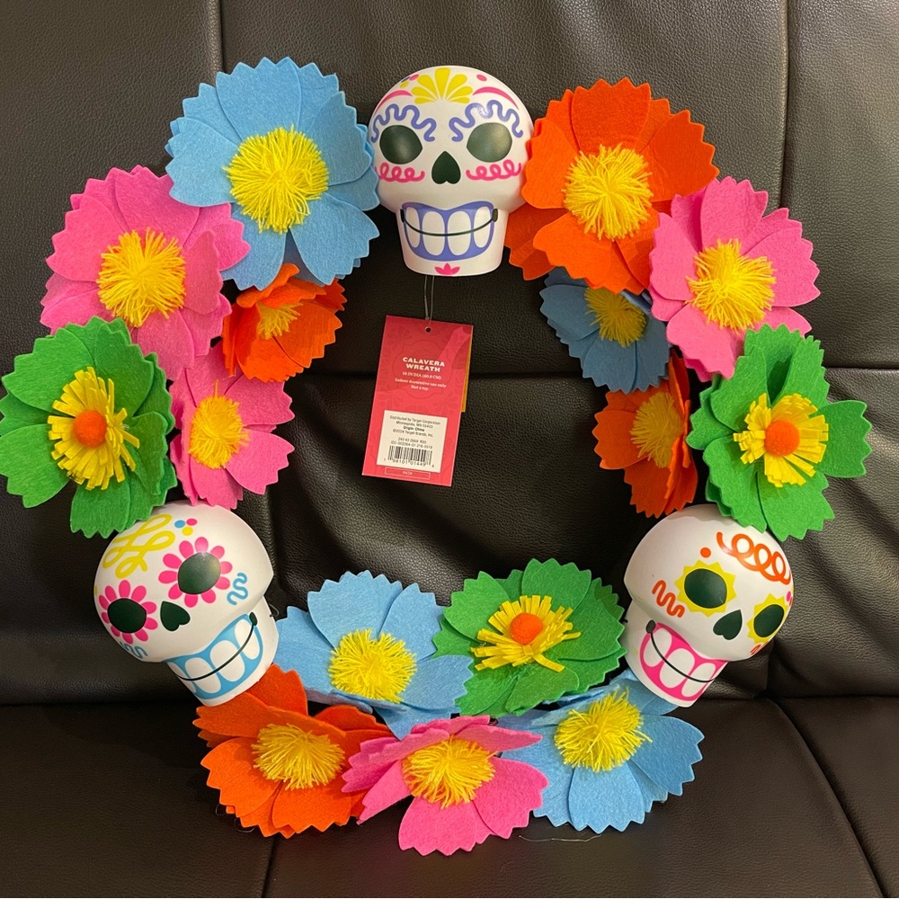 16" Día de Muertos Artificial Fabric Flower Wreath